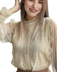 Elegant Solid Color Long Sleeve Puff Sleeve Top