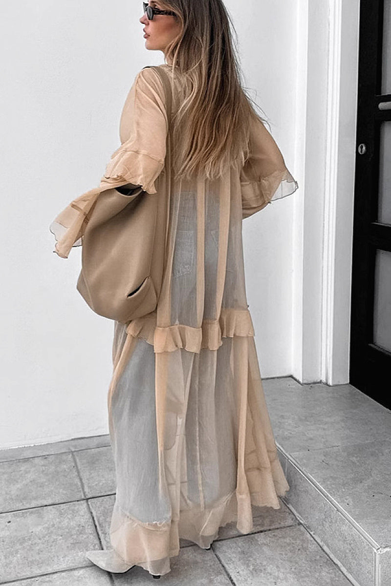 Khaki Ruffle Sleeve Maxi Dress for Spring and Summer