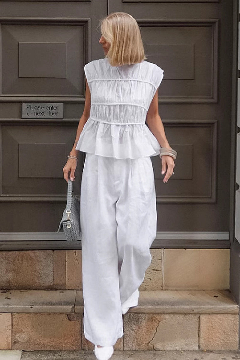Elegant White Cotton Linen Two-Piece Set
