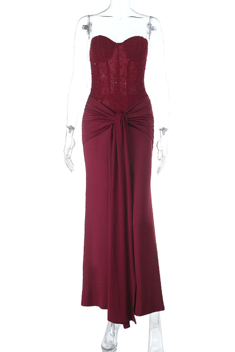 Elegant Strapless Long Dress with Waist Tie