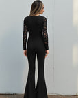 Lace Deep V Neck Long Sleeve Black Jumpsuit