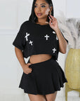 Stylish Cross Print Loose Top and Skirt Set