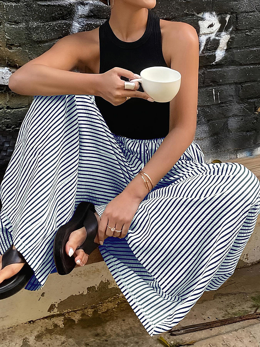 Trendy Striped Wide Leg Pants with Elastic Waist