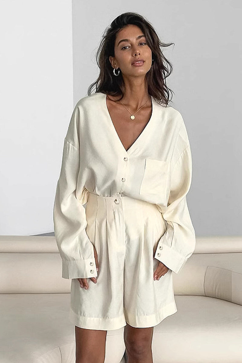 Chic Khaki V-Neck Shirt and Shorts Set