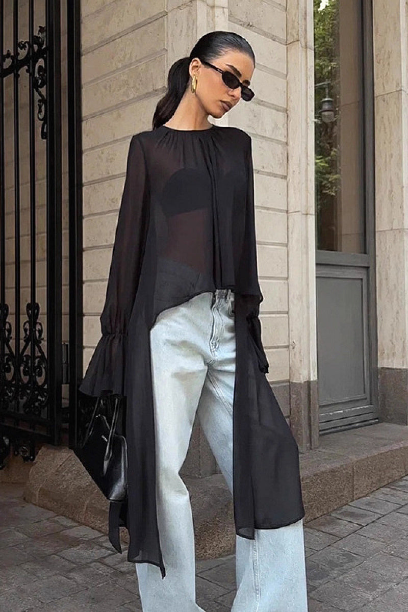 Chic Black Chiffon Top with Flare Sleeves