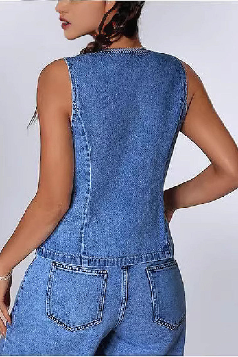 Fashionable Women's Denim Vest with Tie