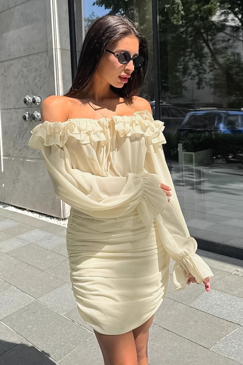 French Style Ruffled Dress in Apricot