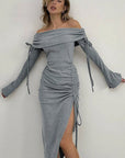 Elegant Off-Shoulder Tie Waist Bodycon Dress