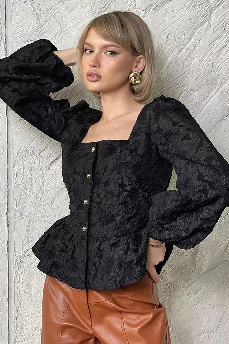 French Style Jacquard Puff Sleeve Shirt