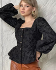 French Style Jacquard Puff Sleeve Shirt