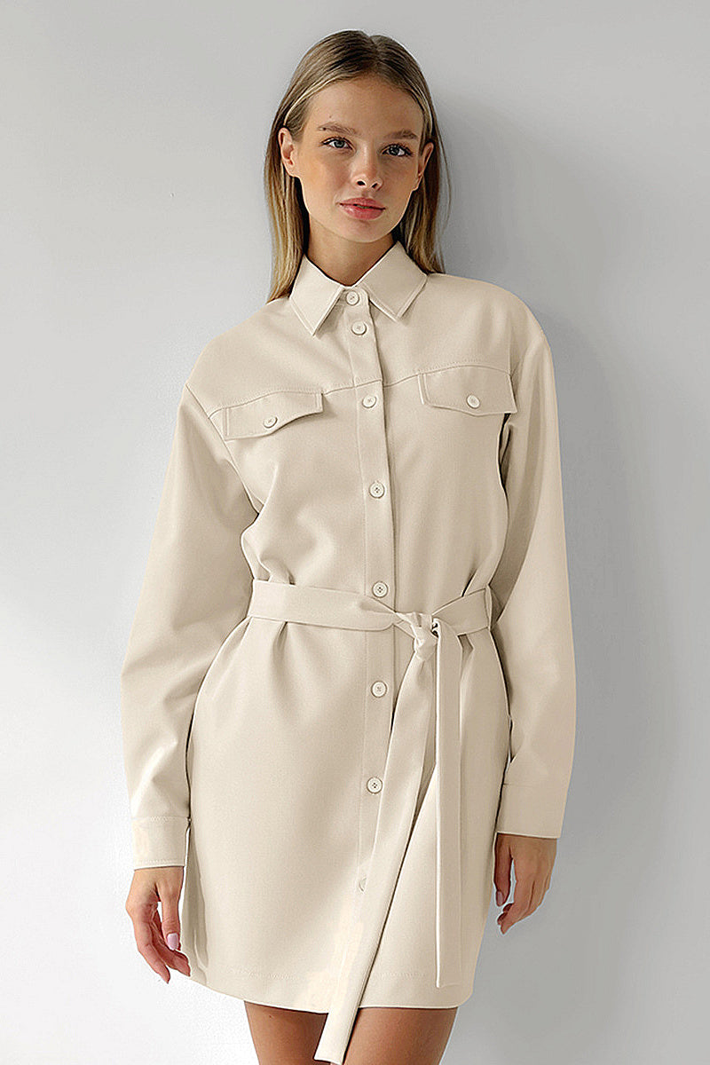 Retro Khaki Work Dress with Belted A-Line Style