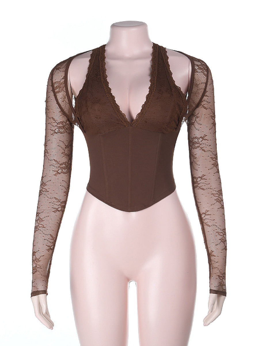 Lace Waist Cinching Long Sleeve Top