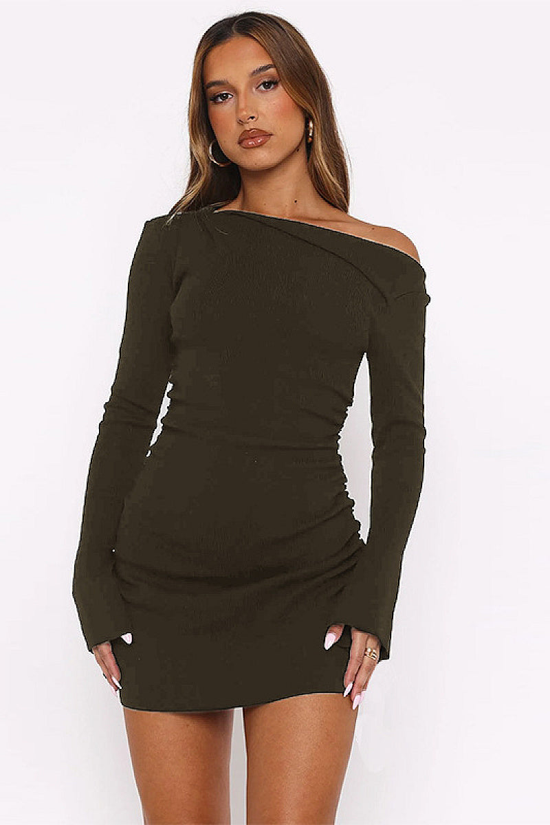 Off Shoulder Long Sleeve Drawstring Mini Dress