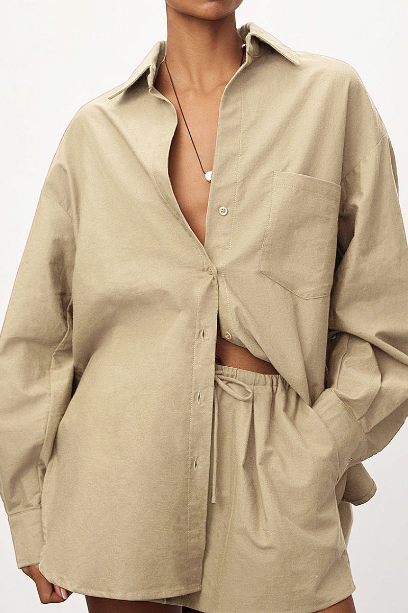 Chic Cotton-Linen Long Sleeve Shirt and Shorts Set