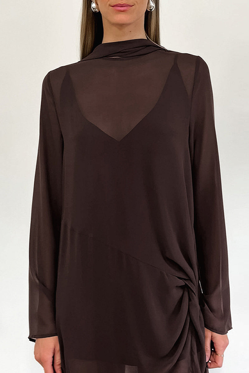 Brown Mesh Design Long Sleeve Dress with Bow Tie