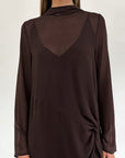 Brown Mesh Design Long Sleeve Dress with Bow Tie