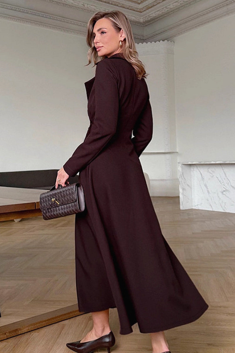 Elegant Brown V-Neck Long Sleeve Dress for Women