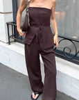 Chic Brown Strapless Top and Wide Leg Pants Set