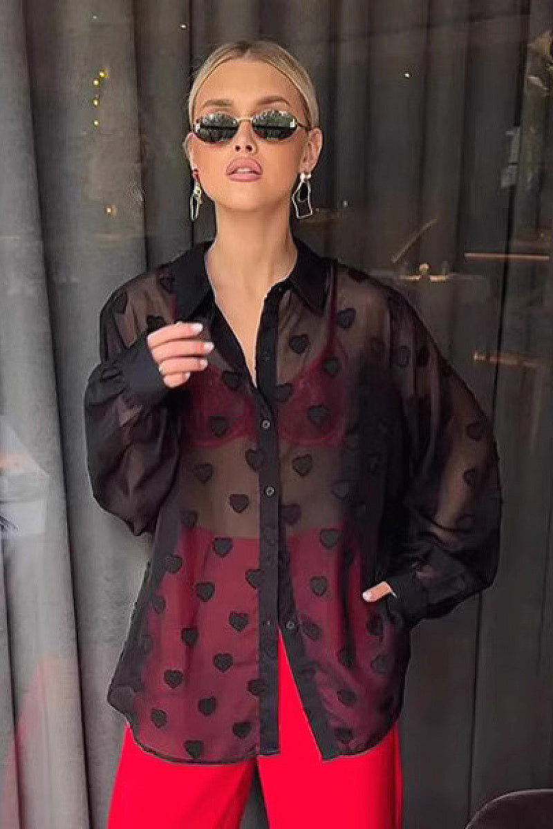 Chic Black Heart Print Long Sleeve Shirt for Women