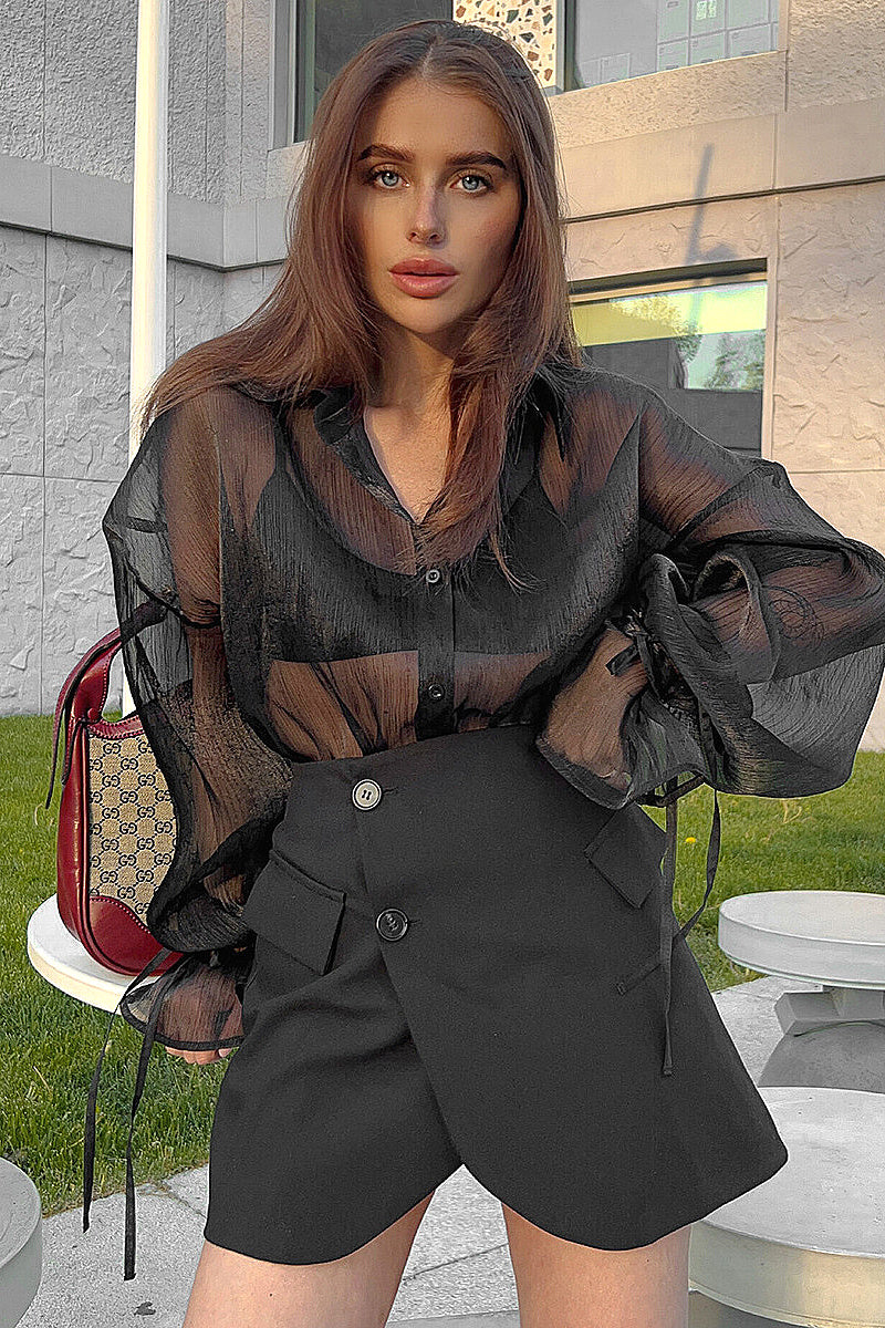 Fashionable Sheer Blouse with Puff Sleeves