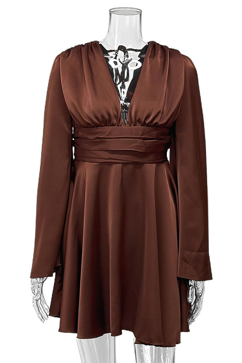 Elegant French Satin Long Sleeve Dress with V-Neck