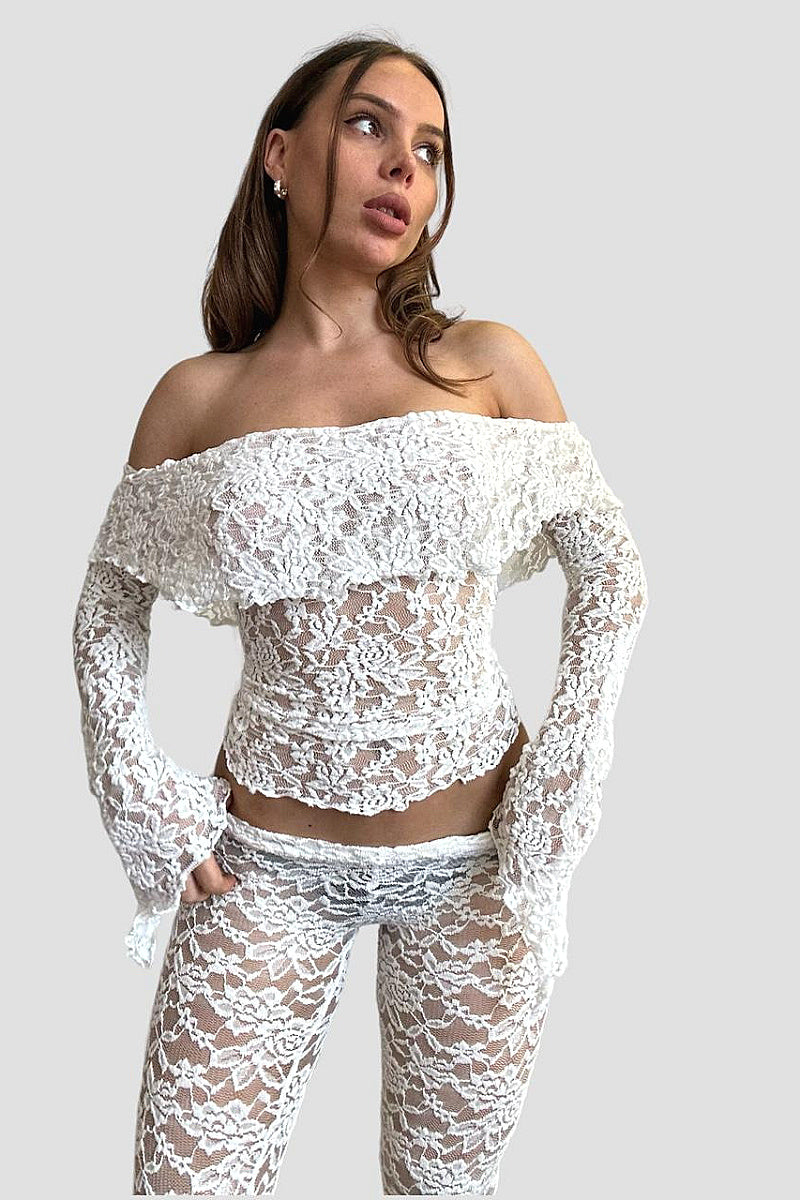 Sexy Lace Hollow Out Long Pants Set
