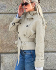 Stylish Stand Collar Waist-Defined Short Coat for Women
