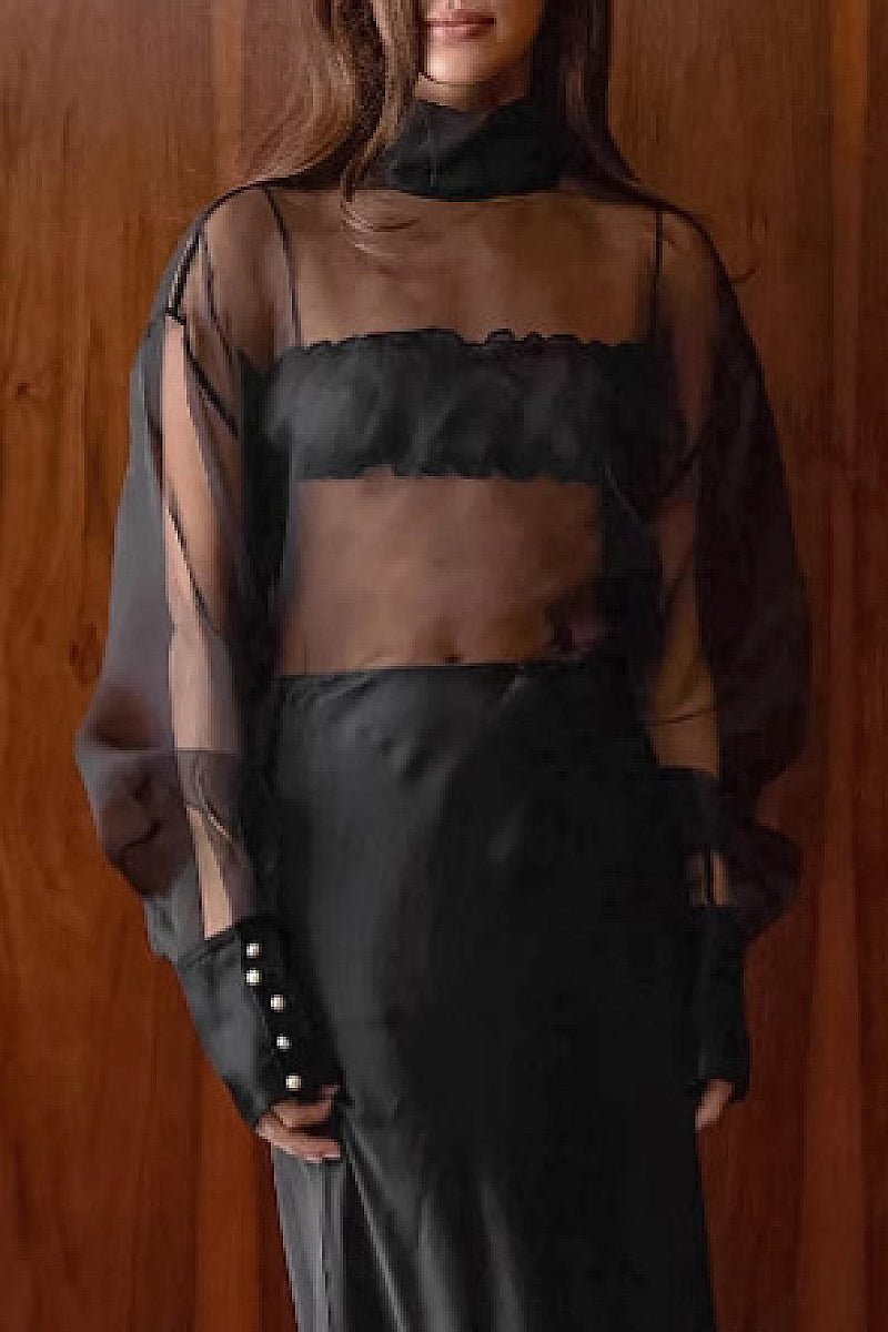 European and American Sheer Long Sleeve Blouse with Puff Sleeves