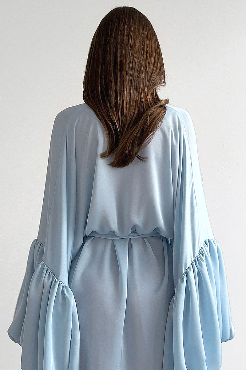 V-Neck Tie Waist Puff Sleeve Dress