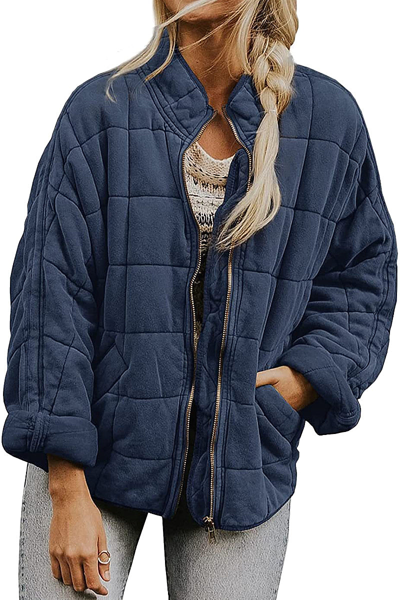 Solid Color Stand Collar Cotton Jacket for Women