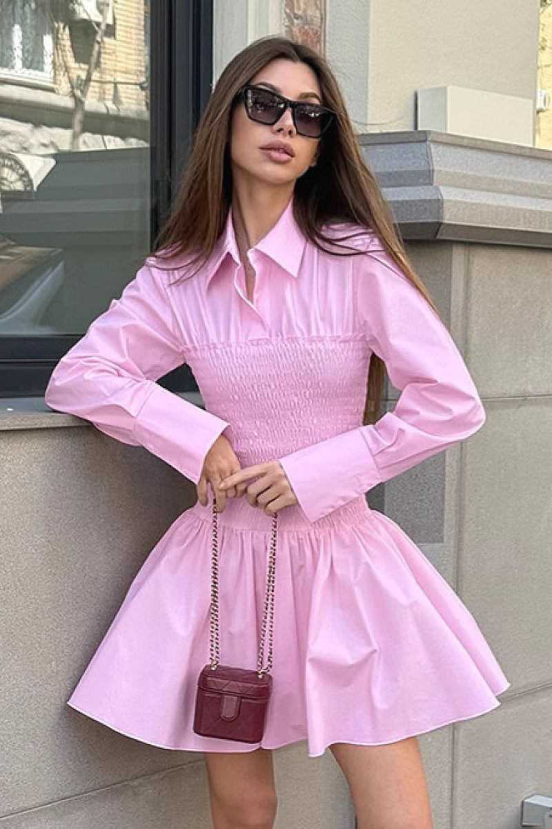 Pink Lapel Shirt Dress for Women