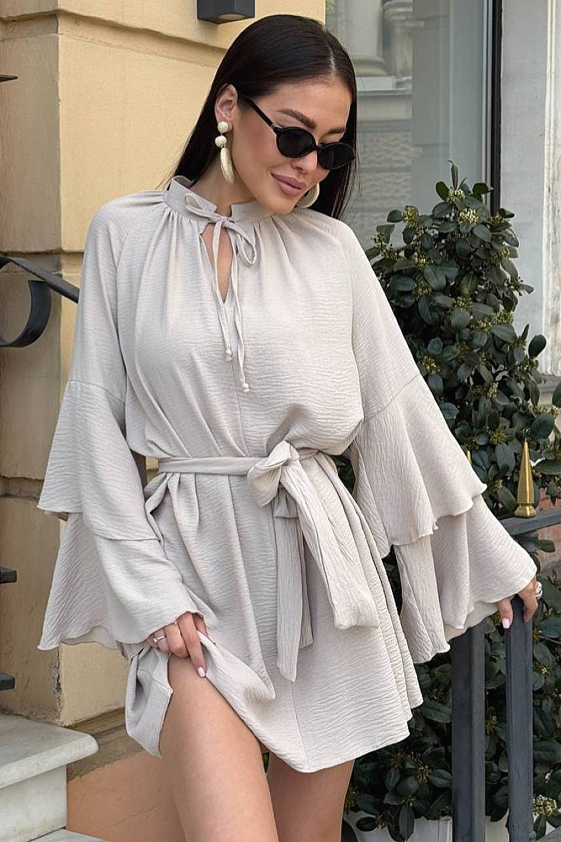 Stylish V-Neck Ruffle Sleeve Irregular Dress