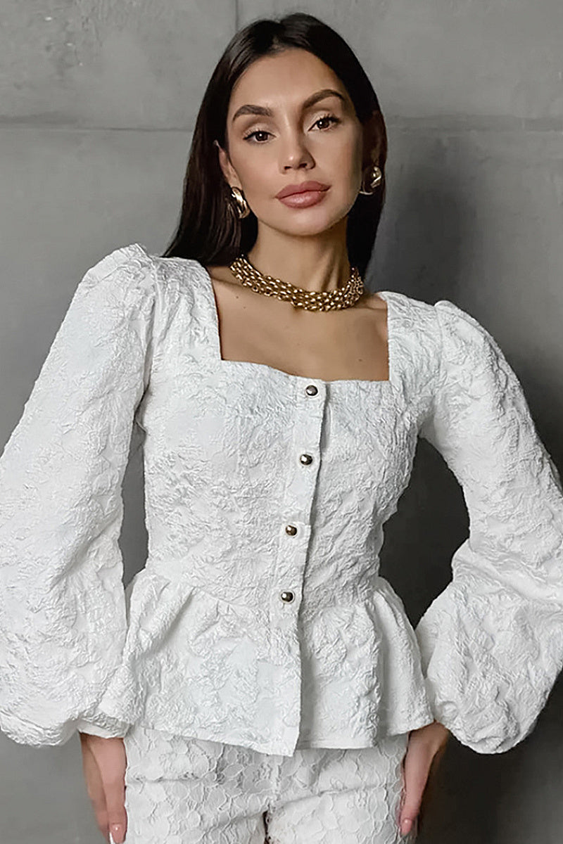 French Style Jacquard Puff Sleeve Shirt