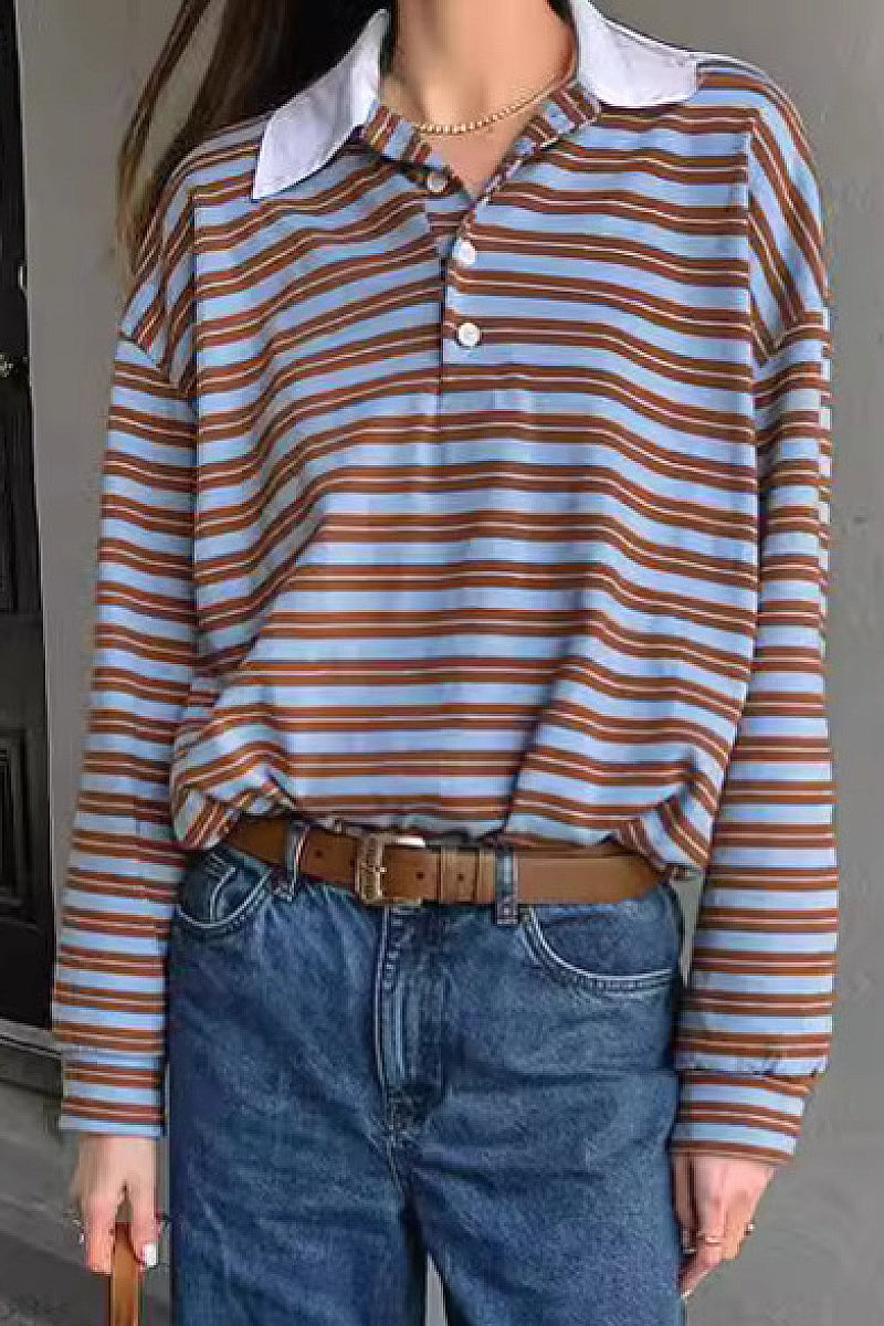 V-Neck Color Block Striped Long Sleeve T-Shirt