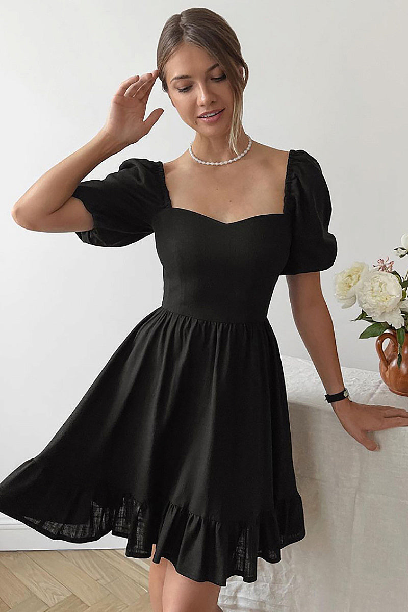 French Style Ruffled Dress with Puff Sleeves