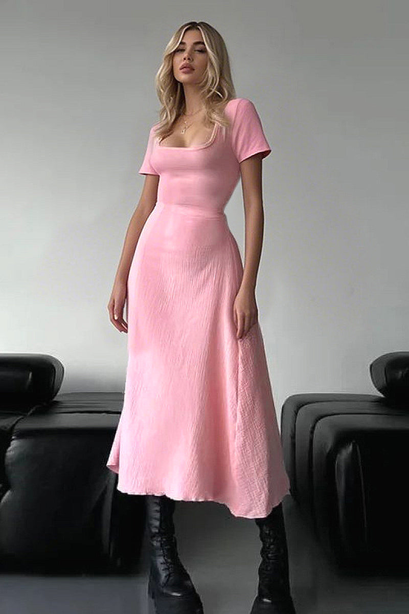 Summer A-Line Dress with Square Neck and Short Sleeves