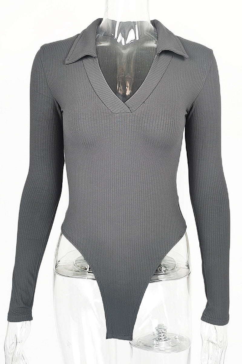 Fashionable Slim Fit Polo Neck Long Sleeve Top