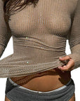 Round Neck Long Sleeve Top with Rhinestones