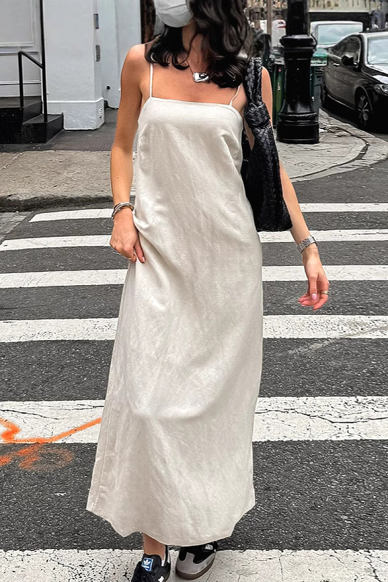Chic Khaki Cotton Linen A-Line Dress