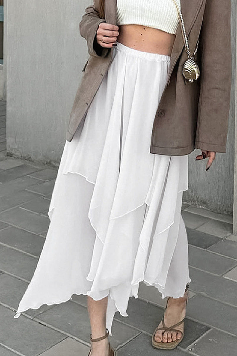 Elegant White Ruffled Chiffon Midi Skirt