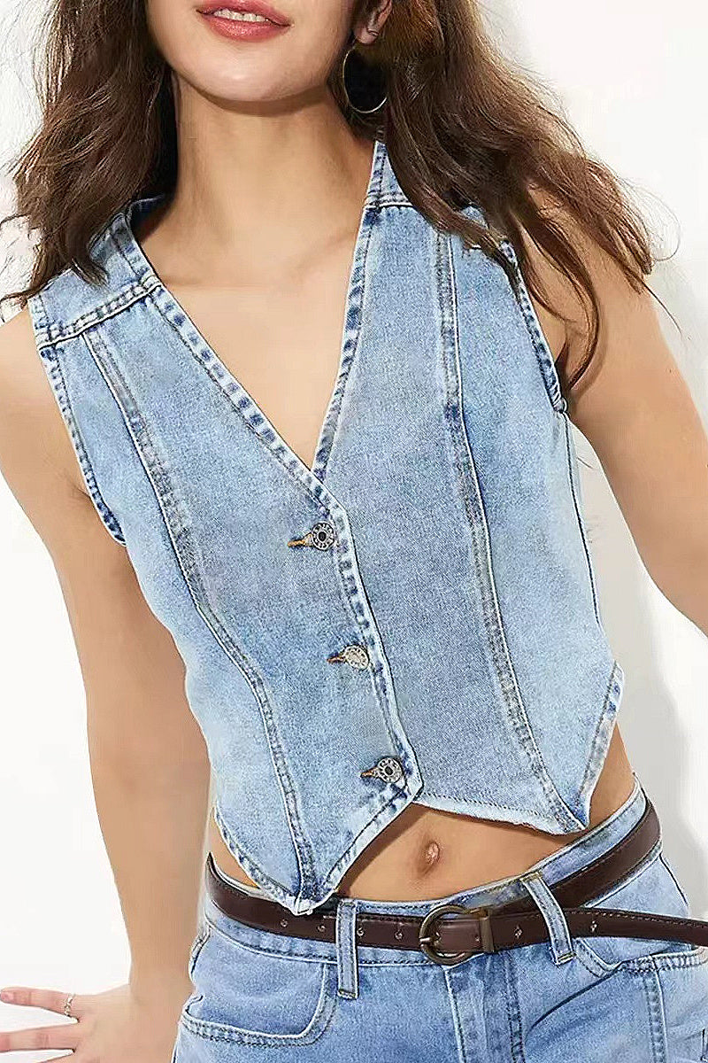 Fashionable Women's V-Neck Denim Vest