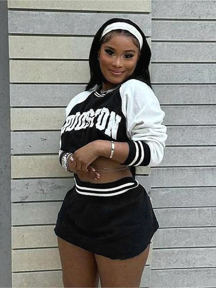 Trendy Casual Baseball Sweatshirt Skirt Set