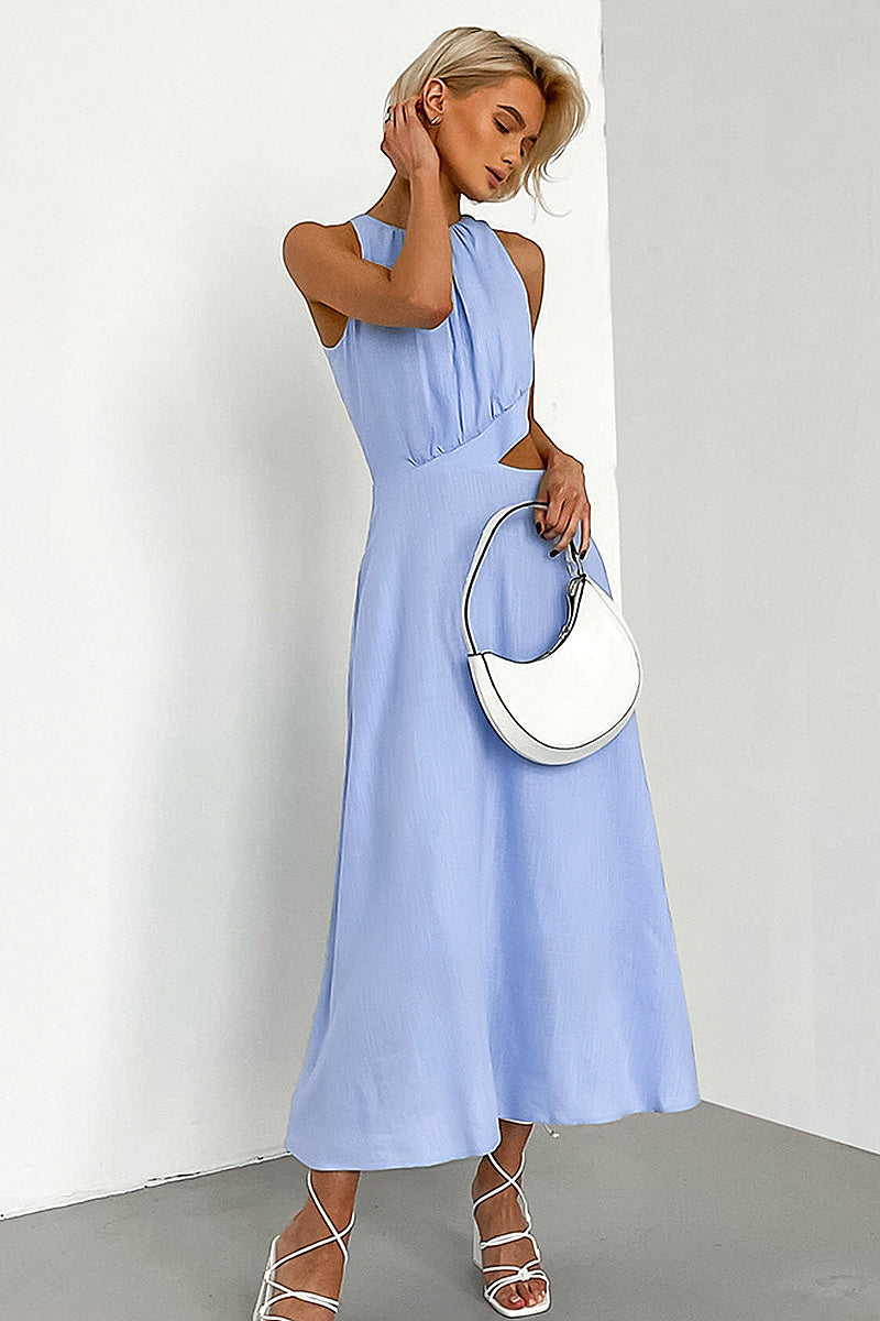 French Style Hollow Waist Cotton Linen Dress