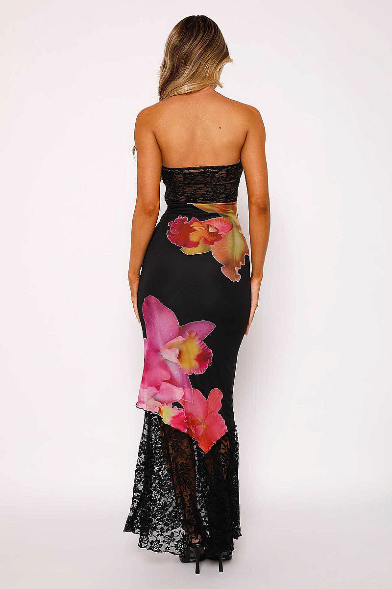 Chic Strapless Lace Trim Printed Dress