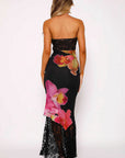 Chic Strapless Lace Trim Printed Dress