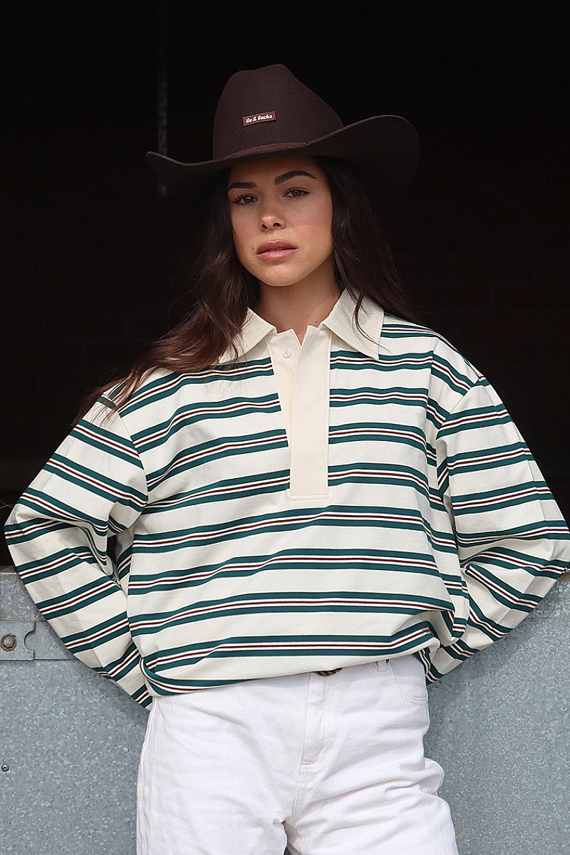 Spring Loose Striped Polo Neck Long Sleeve Top