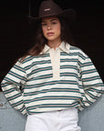 Spring Loose Striped Polo Neck Long Sleeve Top