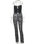 Lace Print Long Jumpsuit with Tie Detail