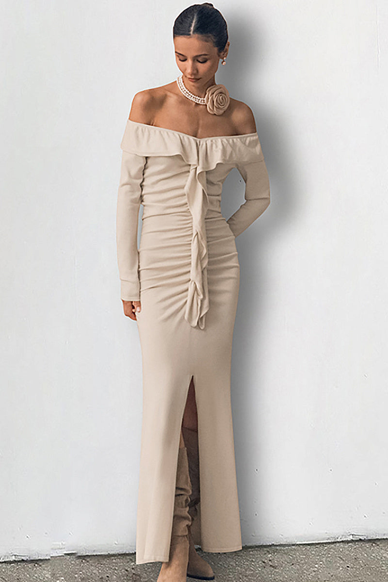 Elegant Off-Shoulder Split Dress with Ruffle Hem