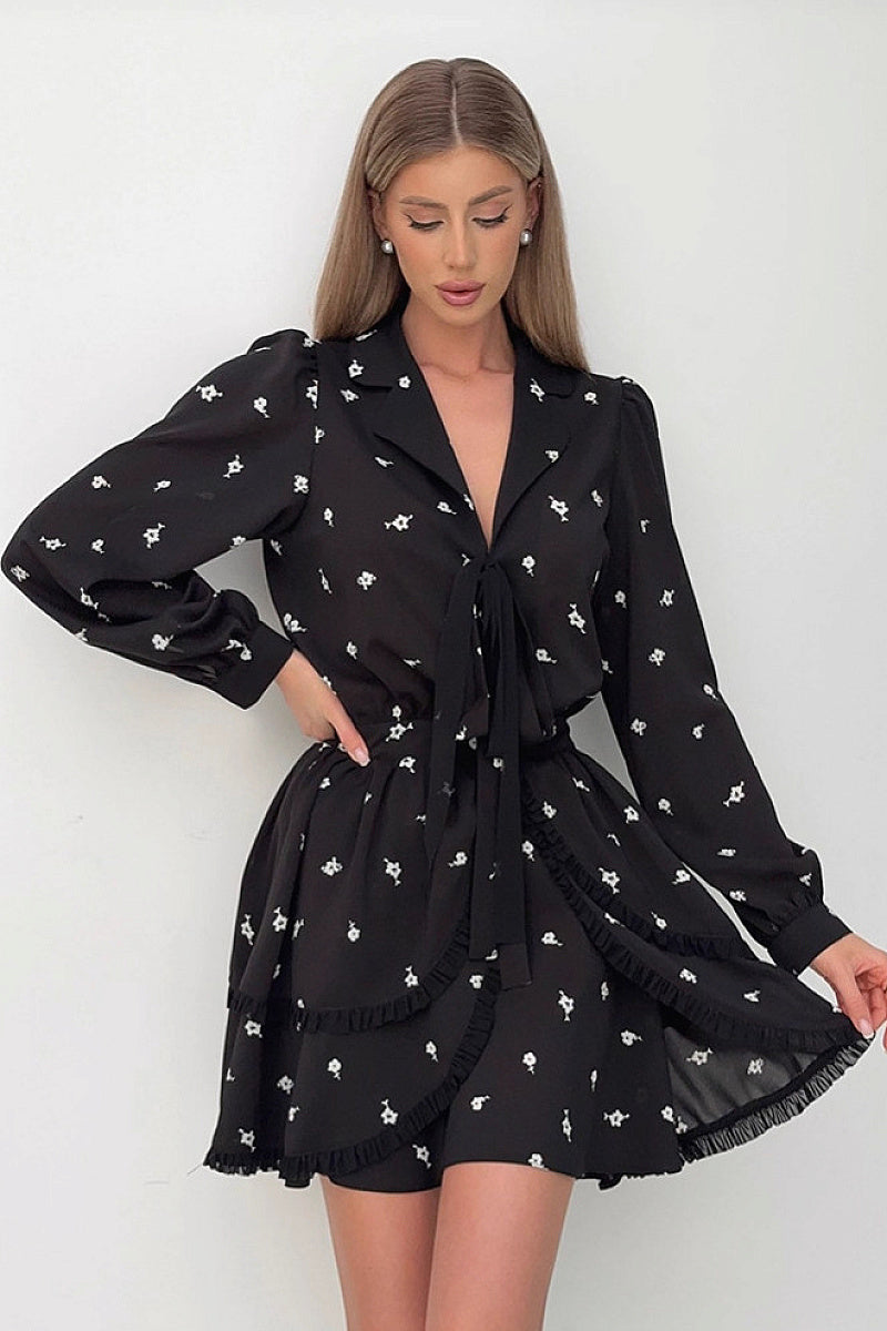 French Ruffle Floral Chiffon Dress for Women